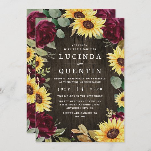 サンフラワーをテーマにしたバーガンディ結婚レッドローズ 招待状 (正面/裏面)