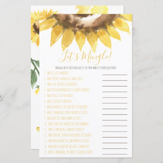 サンフラワーをテーマにしたLet's Mingle Shower Game (正面/裏面)