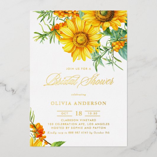 サンフラワーアンドシーバックトーン秋ブライダルシャワー 箔招待状 (正面)