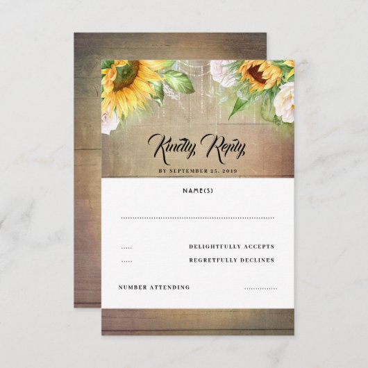 サンフラワーアンドホワイトローズ秋の結婚式RSVP 出欠カード (正面/裏面)