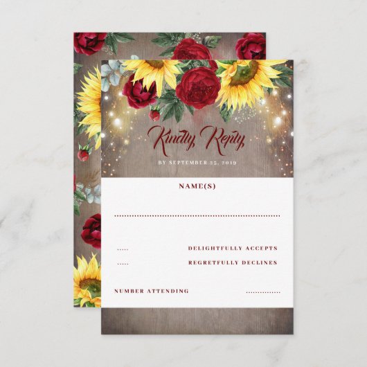 サンフラワーアンドレッドローズ秋の結婚式RSVP 出欠カード (正面/裏面)