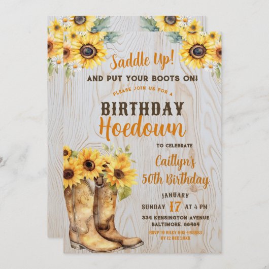 サンフラワーウエスタンホームダウン素朴誕生日女性のカーボーイ 招待状 (正面/裏面)