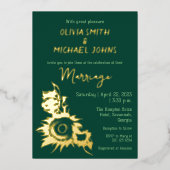 サンフラワーエメラルドグリーン金ゴールド結婚式招待状 箔シーズンカード (正面)