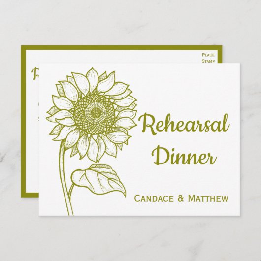 サンフラワーオリーブグリーンフローラリハーサルディナー インビテーションポストカード (正面/裏面)