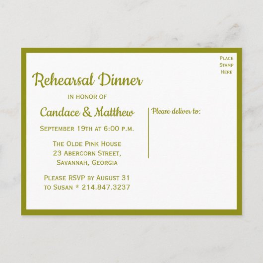 サンフラワーオリーブグリーンフローラリハーサルディナー インビテーションポストカード (裏面)