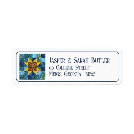 サンフラワーオンブルーパッチワークキルトジオメトリックフローラ ラベル (正面)