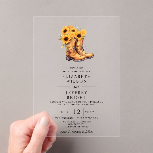 サンフラワーカウボーイブーツバーンウッドウェスタン結婚ズ アクリル招待状 (インサイチュ (ポータブル))