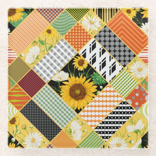 サンフラワーカモミール、パッチワーク水色。 ガラスコースター (正面)