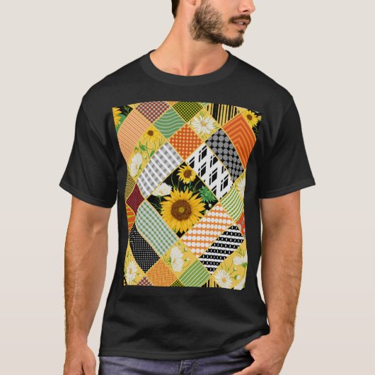 サンフラワーカモミール、パッチワーク水色。 Tシャツ (正面)