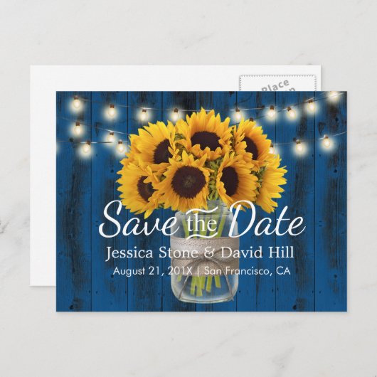 サンフラワージャール海軍ブルーバーンウェディング日付を保存 案内ポストカード (正面/裏面)