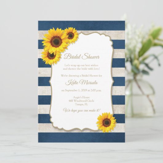 サンフラワーストライプズ素朴ネイビーブルーブライダルシャワー 招待状 (スタンド正面)