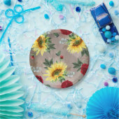 サンフラワーズアンドバーガンディーレッドローズ素朴秋 ペーパープレート (パーティー)