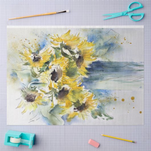 サンフラワーズウォーターカラーアートデクページティッシュペーパー 薄葉紙 (クラフト)