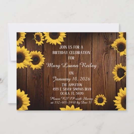サンフラワーズオンウッドエレガンス素朴誕生日 招待状 (正面)