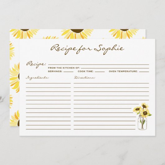 サンフラワーズオンメイソンジャーパーソナライズされたレシピカード (正面/裏面)