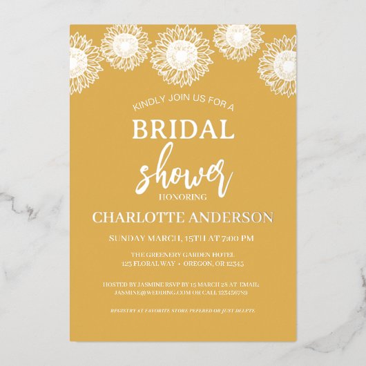 サンフラワーズガーデンフローラブライダルシャワー金ゴールド 箔招待状 (正面)