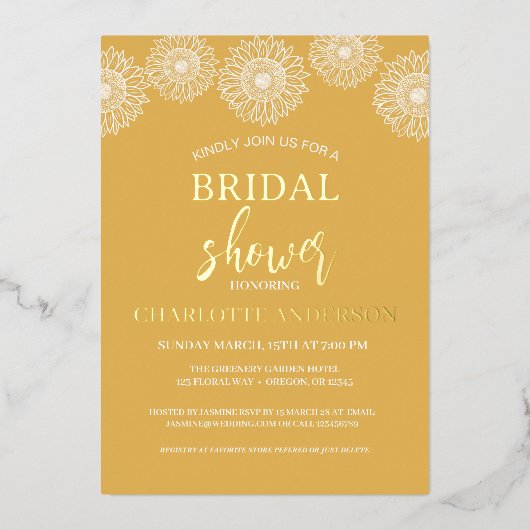 サンフラワーズガーデンフローラブライダルシャワー金ゴールド 箔招待状 (正面)