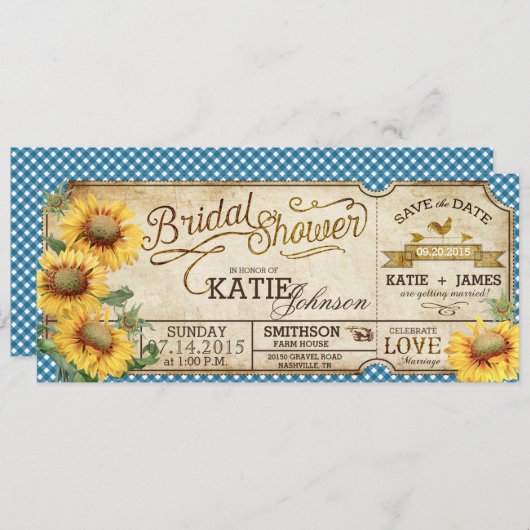 サンフラワーズギンガムカントリーピクニックブライダルシャワー 招待状 (正面/裏面)