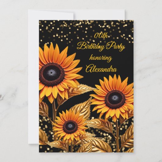 サンフラワーズグリッターオレンジ金ゴールドブラック誕生日 招待状 (正面)