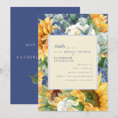サンフラワーズコバルトブルーボタニカルブライダルシャワー 招待状 (正面/裏面)