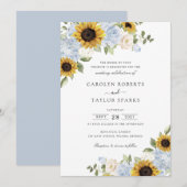 サンフラワーズダスティブルーフラワーズグリーン結婚ズ 招待状 (正面/裏面)