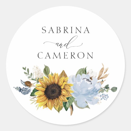 サンフラワーズダスティブルーフローラエレガント封筒用シール ラウンドシール (正面)