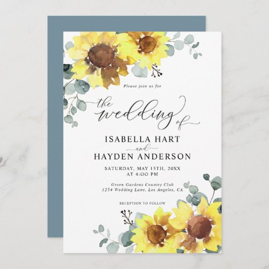 サンフラワーズダスティブルーフローラユーカリ結婚ス 招待状 (正面/裏面)