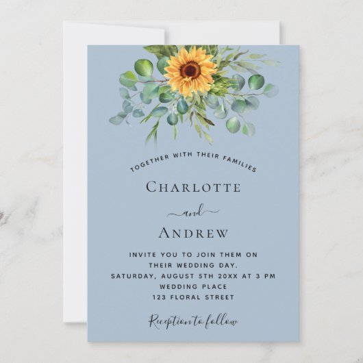 サンフラワーズダスティブルーユーカリ結婚の緑 招待状 (正面)