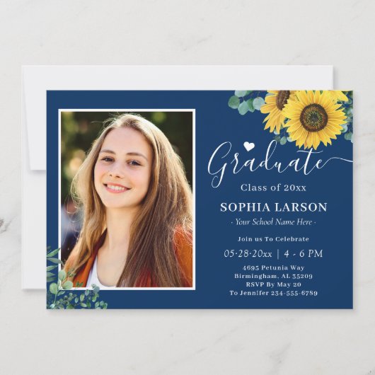 サンフラワーズネイビーブルーフォト卒業お祝い 招待状 (正面)
