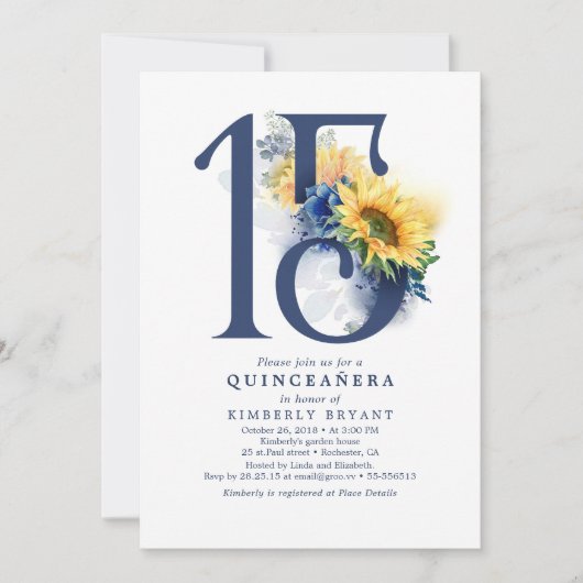 サンフラワーズネイビーブルーフローラエレガントキンセアニェラ 招待状 (正面)