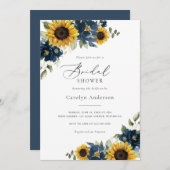 サンフラワーズネイビーブルーフローラ素朴ブライダルシャワー 招待状 (正面/裏面)