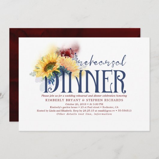 サンフラワーズネイビーブルーレッド秋リハーサルディナー 招待状 (正面/裏面)