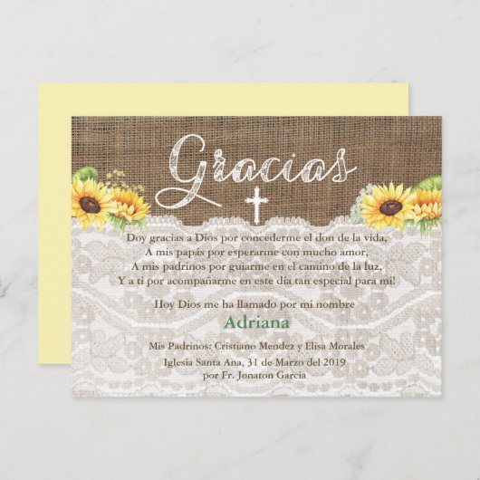 サンフラワーズバウティスモスペインのバプテスマサンキューカード インビテーションポストカード (正面/裏面)