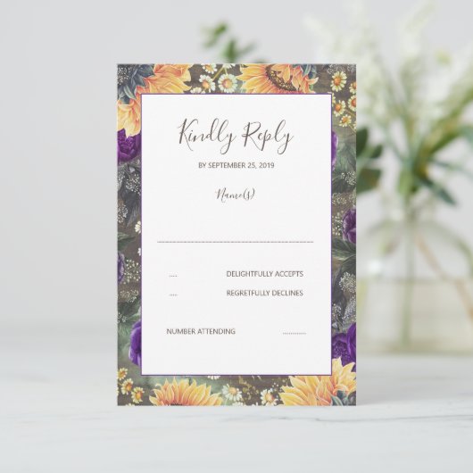 サンフラワーズパープル素朴秋の結婚式RSVP 出欠カード (スタンド正面)