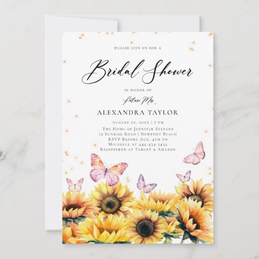 サンフラワーズフィールド蝶素朴ブライダルシャワー 招待状 (正面)