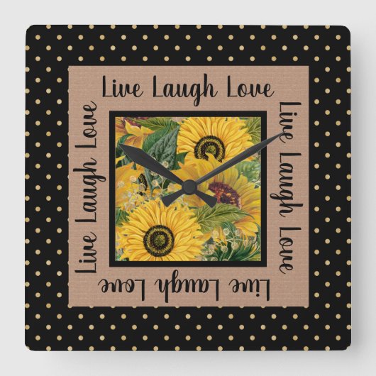 サンフラワーズブラック金ゴールド水玉模様ライブ笑い愛Sq スクエア壁時計 (正面)