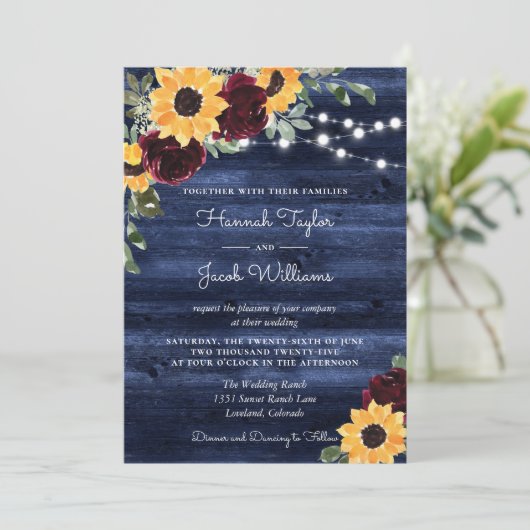 サンフラワーズブルゴーニュバラネイビー結婚ウッド 招待状 (スタンド正面)