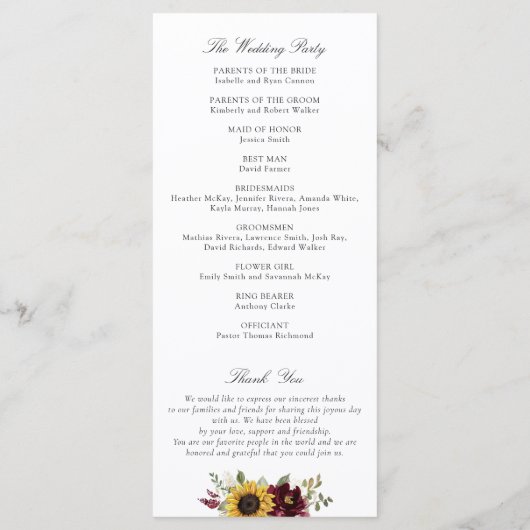 サンフラワーズブルゴーニュフローラ素朴結婚式 プログラム (裏面)