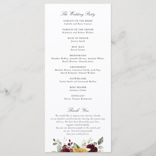 サンフラワーズブルゴーニュ赤素朴フローラ結婚ズ プログラム (裏面)