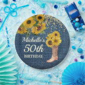 サンフラワーズブルーデニムカウボーイブーツ50誕生日 ペーパープレート (パーティー)