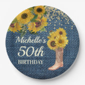 サンフラワーズブルーデニムカウボーイブーツ50誕生日 ペーパープレート (正面)
