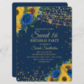 サンフラワーズブルーバラ金ゴールドグリッタースウィート16 招待状 (正面/裏面)