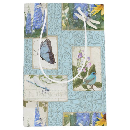 サンフラワーズブルーフラワーズドラゴンフライバタフライガーデン ミディアムペーパーバッグ (正面)