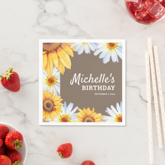 サンフラワーズホワイトデイジーバーラップカスタム誕生日 スタンダードカクテルナプキン (インサイチュ)