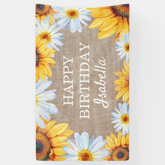 サンフラワーズホワイトデイジーバーラップハッピーバースデー名 横断幕 (縦)