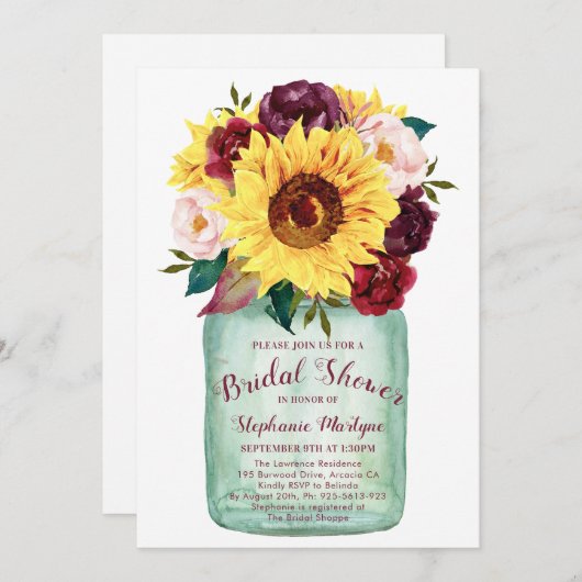サンフラワーズメイソンジャーバラフローラブライダルシャワー 招待状 (正面/裏面)