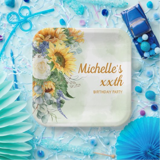 サンフラワーズユーカリプタスボタニカルウーマン誕生日 ペーパープレート (パーティー)