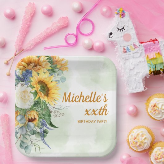 サンフラワーズユーカリプタスボタニカルウーマン誕生日 ペーパープレート (パーティー)