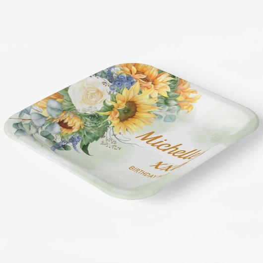 サンフラワーズユーカリプタスボタニカルウーマン誕生日 ペーパープレート (傾斜あり)