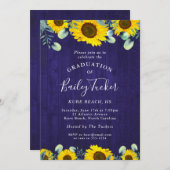 サンフラワーズユーカリプトゥスネイビーブルー素朴卒業 招待状 (正面/裏面)